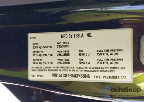 2019 Tesla Model 3 Long Range/Performance from USA, damaged, VIN 5YJ3E1EB4KF438846